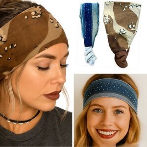 2-Pack Rhinestone Denim & Camo Boho Chic Cotton Headband Set • Adjustable Fit